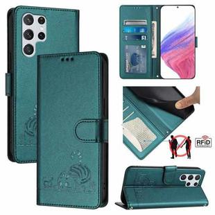 For Samsung Galax S22 Ultra Cat Rat Embossed Pattern RFID PU Phone Case with Wrist Strap(Peacock Green)