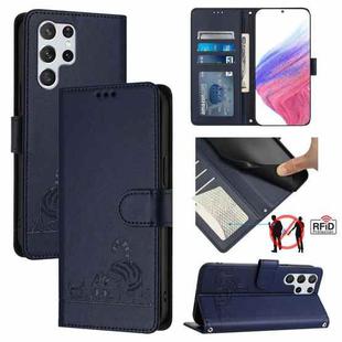 For Samsung Galax S22 Ultra Cat Rat Embossed Pattern RFID PU Phone Case with Wrist Strap(Blue)