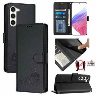 For Samsung Galax S23 5G Cat Rat Embossed Pattern RFID PU Phone Case with Wrist Strap(Black)