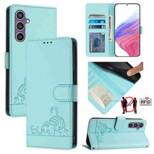 For Samsung Galax S23 FE 5G Cat Rat Embossed Pattern RFID PU Phone Case with Wrist Strap(Mint Green)