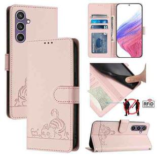 For Samsung Galax S23 FE 5G Cat Rat Embossed Pattern RFID PU Phone Case with Wrist Strap(Pink)