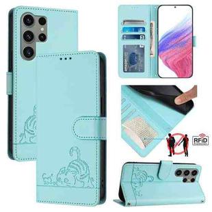 For Samsung Galax S23 Ultra 5G Cat Rat Embossed Pattern RFID PU Phone Case with Wrist Strap(Mint Green)