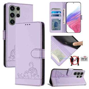 For Samsung Galax S23 Ultra 5G Cat Rat Embossed Pattern RFID PU Phone Case with Wrist Strap(Purple)