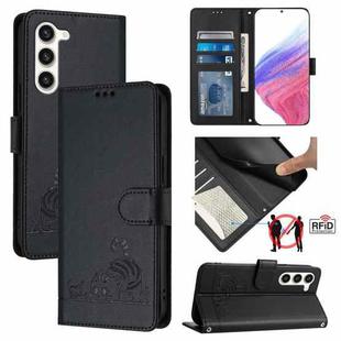 For Samsung Galax S23+ 5G Cat Rat Embossed Pattern RFID PU Phone Case with Wrist Strap(Black)