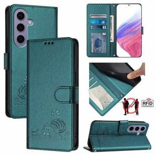 For Samsung Galax S24 5G Cat Rat Embossed Pattern RFID PU Phone Case with Wrist Strap(Peacock Green)