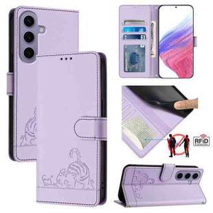 For Samsung Galax S24 5G Cat Rat Embossed Pattern RFID PU Phone Case with Wrist Strap(Purple)