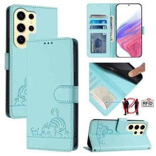 For Samsung Galax S24 Ultra 5G Cat Rat Embossed Pattern RFID PU Phone Case with Wrist Strap(Mint Green)