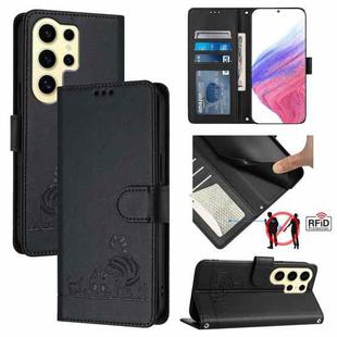 For Samsung Galax S24 Ultra 5G Cat Rat Embossed Pattern RFID PU Phone Case with Wrist Strap(Black)