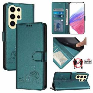 For Samsung Galax S24 Ultra 5G Cat Rat Embossed Pattern RFID PU Phone Case with Wrist Strap(Peacock Green)