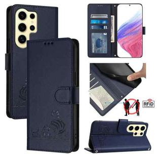 For Samsung Galax S24 Ultra 5G Cat Rat Embossed Pattern RFID PU Phone Case with Wrist Strap(Blue)