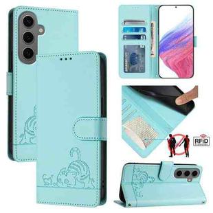 For Samsung Galax S24+ 5G Cat Rat Embossed Pattern RFID PU Phone Case with Wrist Strap(Mint Green)