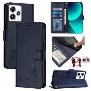 For Xiaomi Redmi 12 4G Global Cat Rat Embossed Pattern RFID PU Phone Case with Wrist Strap(Blue)