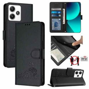 For Xiaomi Redmi 12 5G Global Cat Rat Embossed Pattern RFID PU Phone Case with Wrist Strap(Black)