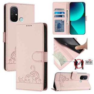 For Xiaomi Redmi 12C Cat Rat Embossed Pattern RFID PU Phone Case with Wrist Strap(Pink)