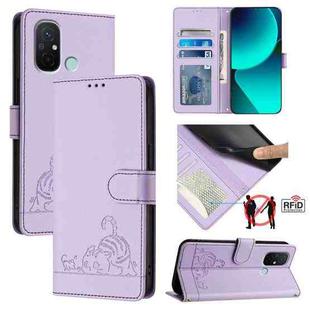 For Xiaomi Redmi 12C Cat Rat Embossed Pattern RFID PU Phone Case with Wrist Strap(Purple)