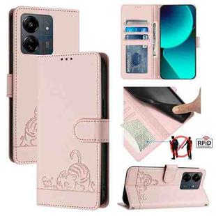 For Xiaomi Redmi 13C 4G Global Cat Rat Embossed Pattern RFID PU Phone Case with Wrist Strap(Pink)