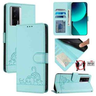 For Xiaomi POCO F5 Pro Cat Rat Embossed Pattern RFID PU Phone Case with Wrist Strap(Mint Green)