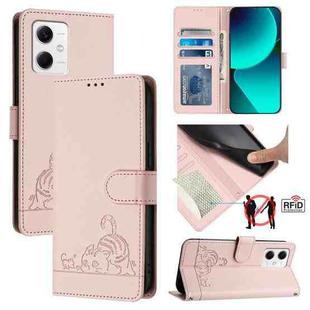 For Xiaomi Redmi Note 12 5G Global Cat Rat Embossed Pattern RFID PU Phone Case with Wrist Strap(Pink)