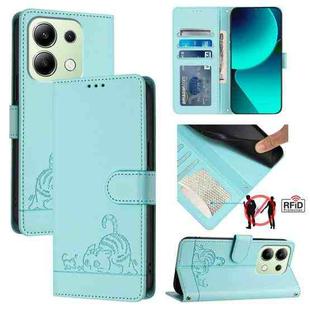 For Xiaomi Redmi Note 13 4G Global Cat Rat Embossed Pattern RFID PU Phone Case with Wrist Strap(Mint Green)