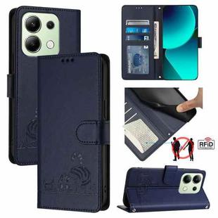 For Xiaomi Redmi Note 13 4G Global Cat Rat Embossed Pattern RFID PU Phone Case with Wrist Strap(Blue)