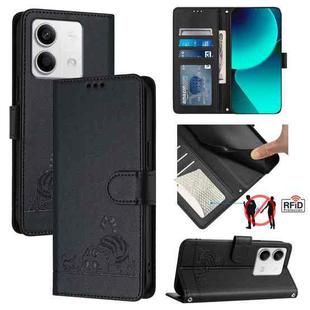 For Xiaomi Redmi Note 13 5G Global Cat Rat Embossed Pattern RFID PU Phone Case with Wrist Strap(Black)