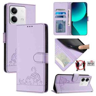 For Xiaomi Redmi Note 13 5G Global Cat Rat Embossed Pattern RFID PU Phone Case with Wrist Strap(Purple)