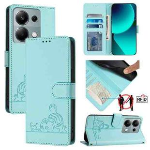 For Xiaomi POCO M6 Pro 4G Cat Rat Embossed Pattern RFID PU Phone Case with Wrist Strap(Mint Green)