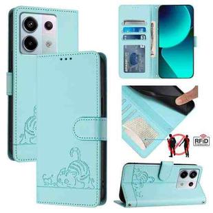 For Xiaomi Redmi Note 13 Pro 5G Global Cat Rat Embossed Pattern RFID PU Phone Case with Wrist Strap(Mint Green)