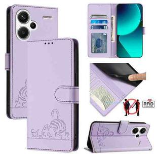 For Xiaomi Redmi Note 13 Pro+ 5G Global Cat Rat Embossed Pattern RFID PU Phone Case with Wrist Strap(Purple)