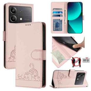 For Xiaomi POCO  X6 Neo 5G Global Cat Rat Embossed Pattern RFID PU Phone Case with Wrist Strap(Pink)