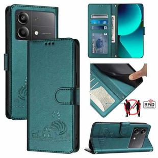 For Xiaomi POCO  X6 Neo 5G Global Cat Rat Embossed Pattern RFID PU Phone Case with Wrist Strap(Peacock Green)