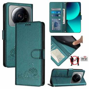 For Xiaomi 12S Ultra Cat Rat Embossed Pattern RFID PU Phone Case with Wrist Strap(Peacock Green)