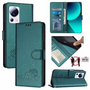 For Xiaomi Civi 2 Cat Rat Embossed Pattern RFID PU Phone Case with Wrist Strap(Peacock Green)