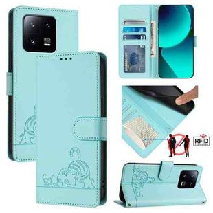 For Xiaomi 13 Pro Cat Rat Embossed Pattern RFID PU Phone Case with Wrist Strap(Mint Green)