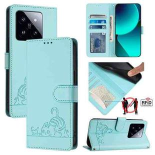 For Xiaomi 14 Pro Cat Rat Embossed Pattern RFID PU Phone Case with Wrist Strap(Mint Green)