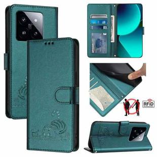 For Xiaomi 14 Pro Cat Rat Embossed Pattern RFID PU Phone Case with Wrist Strap(Peacock Green)