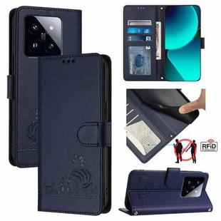 For Xiaomi 14 Pro Cat Rat Embossed Pattern RFID PU Phone Case with Wrist Strap(Blue)