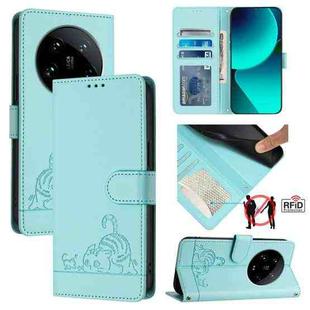 For Xiaomi 14 Ultra 5G Global Cat Rat Embossed Pattern RFID PU Phone Case with Wrist Strap(Mint Green)