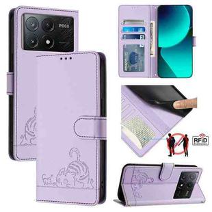 For Xiaomi Poco X6 Pro Cat Rat Embossed Pattern RFID PU Phone Case with Wrist Strap(Purple)