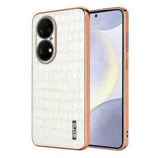 For Huawei P50 Pro AZNS Electroplated Frame Crocodile Texture Full Coverage Phone Case(White)