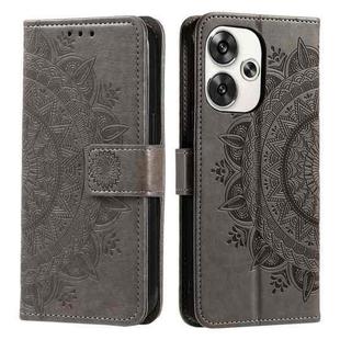 For Xiaomi Poco F6 Totem Flower Embossed Leather Phone Case with Lanyard(Grey)