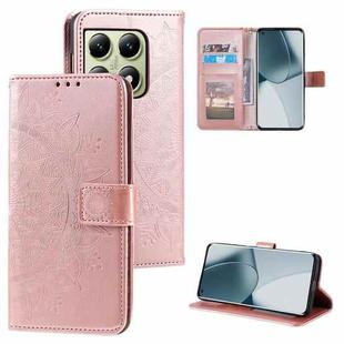 For Xiaomi 14T Totem Flower Embossed Leather Phone Case with Lanyard(Rose Gold)