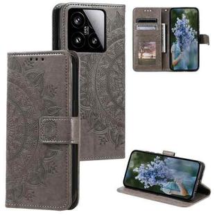 For Xiaomi 15 Totem Flower Embossed Leather Phone Case with Lanyard(Grey)