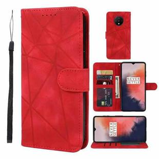 For OnePlus 7T Skin Feel Geometric Lines Leather Phone Case(Red)