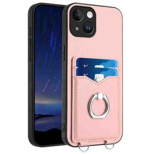 For iPhone 13 R20 Ring Card Holder Phone Case(Pink)