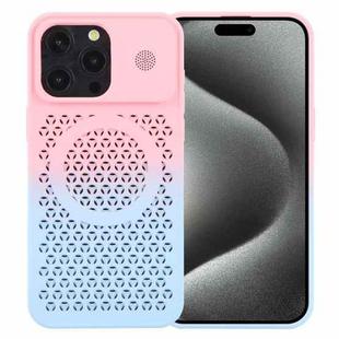 For iPhone 15 Pro Honeycomb Cooling Aromatherapy MagSafe Phone Case(Pink Blue)