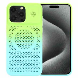 For iPhone 15 Pro Honeycomb Cooling Aromatherapy MagSafe Phone Case(Green Blue)