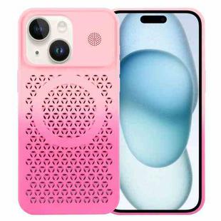 For iPhone 15 Plus Gradient Color Honeycomb Aromatherapy MagSafe Phone Case(Pink+Rose Red)