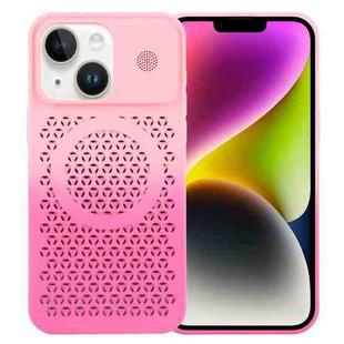 For iPhone 14 Plus Gradient Color Honeycomb Aromatherapy MagSafe Phone Case(Pink+Rose Red)