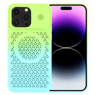 For iPhone 14 Pro Gradient Color Honeycomb Aromatherapy MagSafe Phone Case(Green Blue)